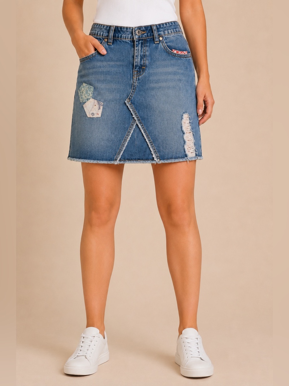 Tommy Hilfiger | Denim Mini Skirt with Patch & Distress Detail | Size 10 | Good